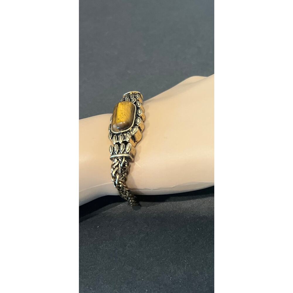Tiger Eye‎ Rectangular Stone Double Chain Gold Tone  Magnetic Closure Bracelet